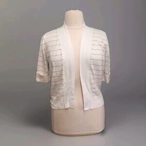 MH Merien Hall Open Front Elbow Half Sleeve White Gold Stripe Cardigan Large